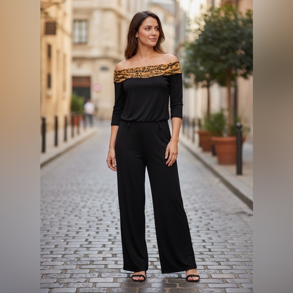 Joseph Ribkoff Women’s M Black Stretchy Off Shoulder Wide Leg Vintage Jumpsuit